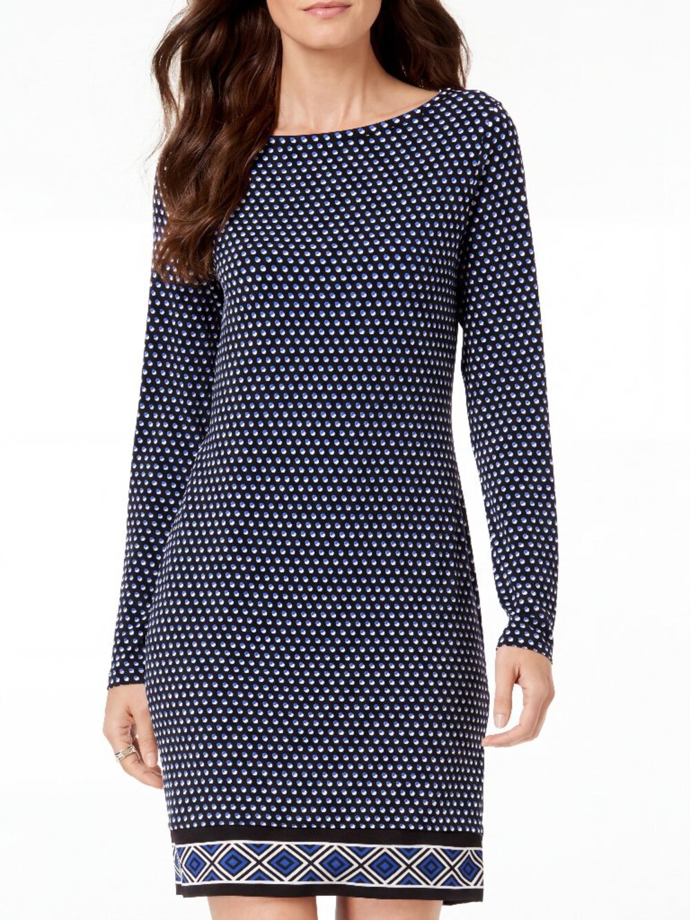 Michael Kors Alston Round Neck Border Shift Dress Black/White/Royal Size Large